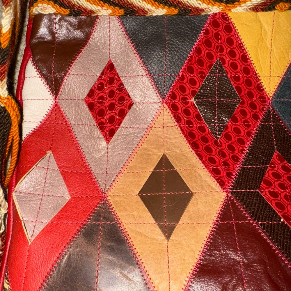 Vintage Leather Patchwork Boho Red Multicolored P… - image 4